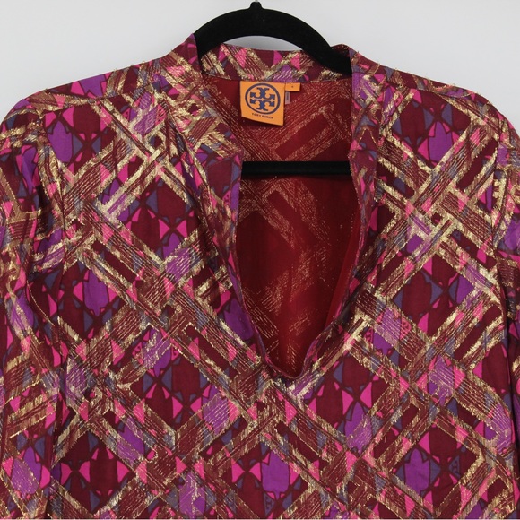 TORY BURCH Silk Chiffon Tunic Top Blouse Maroon Gold Size 4 - Picture 11 of 16